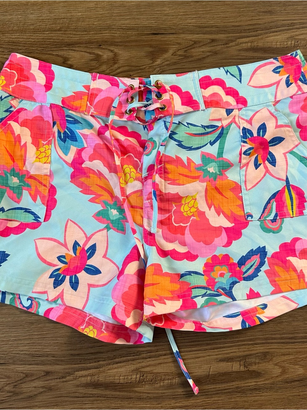 La Blanca Women Swim Board Shorts Lace-Up Waist Pink Tropical Print Beach Large